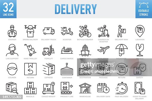Delivery - Thin line vector icon set. Pixel perfect. Editable stroke. For Mobile and Web. The set contains icons: E-commerce, Online Shopping, Delivering, Freight Transportation, Shipping, Package, Speed, Container, Box - Container, Cargo Container Delivery - Thin line vector icon set. Pixel perfect. Editable stroke. For Mobile and Web. The set contains icons: E-commerce, Online Shopping, Delivering, Freight Transportation, Shipping, Package, Speed, Container, Box - Container, Cargo Container