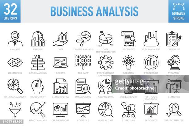 stockillustraties, clipart, cartoons en iconen met business analysis - thin line vector icon set. pixel perfect. editable stroke. for mobile and web. the set contains icons: analyzing, data, big data, research, examining, chart, diagram, expertise, planning, advice - accounting icons