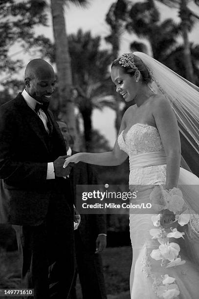 Chad Ochocinco and Evelyn Lozada marry at Le Chateau des Palmiers on July 4, 2012 in St. Maarten, Netherlands Antillies.