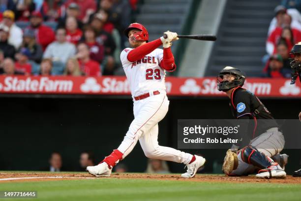 Brandon Drury of the Los Angeles Angels bats during the game against the Miami Marlins at Angel Stadium of Anaheim on May 27, 2023 in Anaheim,...
