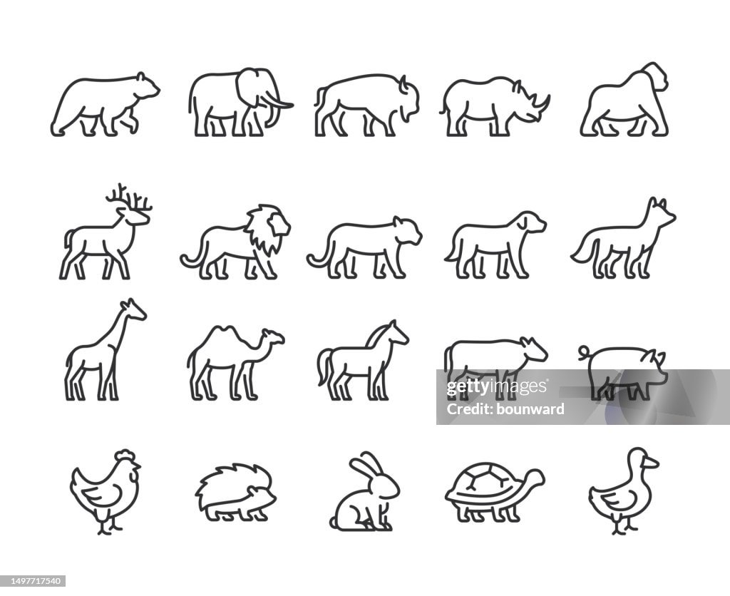 Symbole für Tierlinien. Pixelgenau. Bearbeitbarer Strich.