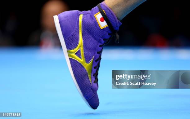 The boot of Yasuhiro Suzuki of Japan during his defeat to Serik Sapiyev of Kazakhstan during the Men's Welter Boxing on Day 7 of the London 2012...