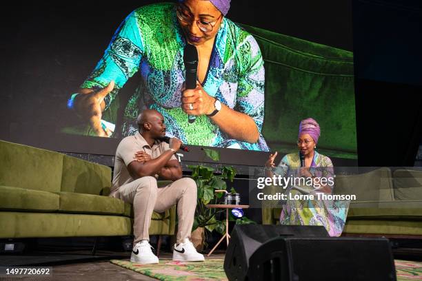 George The Poet in conversation with Yassmin Abdel-Magied at Kite Festival 2023 at Kirtlington Park on June 11, 2023 in Kidlington, Oxfordshire.