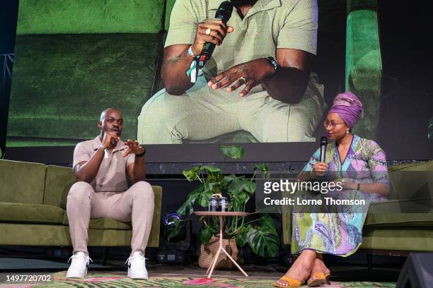 George The Poet in conversation with Yassmin Abdel-Magied at Kite Festival 2023 at Kirtlington Park on June 11, 2023 in Kidlington, Oxfordshire.