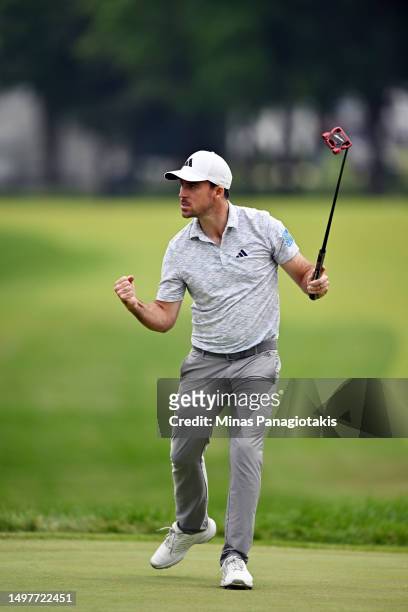 Nick Taylor of Canada reacts after making a putt on the 17th hole during the final round of the RBC Canadian Open at Oakdale Golf & Country Club on...