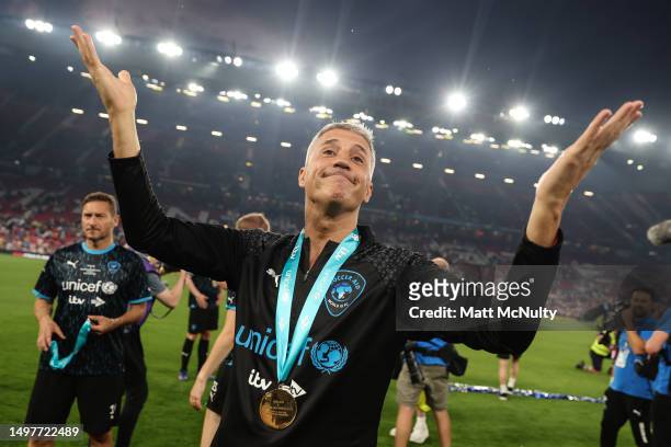 Hernan Crespo of World XI celebrates with his medal following Soccer Aid for Unicef 2023 at Old Trafford on June 11, 2023 in Manchester, England.