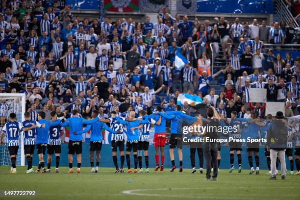 Players of Deportivo Alaves react after the La Liga Smartbank match between Deportivo Alaves and UD Levante at Mendizorrotza on June 11 in Vitoria,...