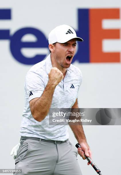 Nick Taylor of Canada reacts after making a putt on the 1th hole during the final round of the RBC Canadian Open at Oakdale Golf & Country Club on...