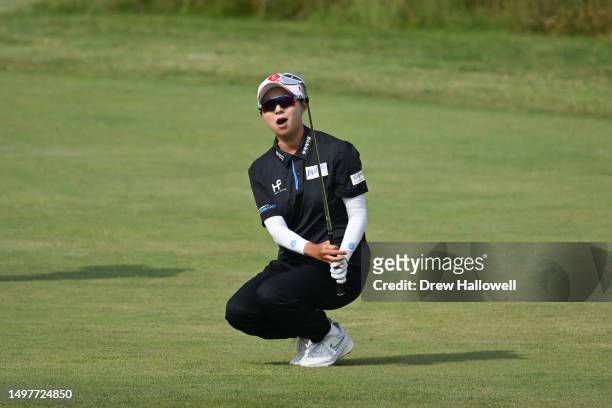 Hyo Joo Kim of South Korea reacts to a shot from the 18th fairway during the final round of the ShopRite LPGA Classic presented by Acer at Seaview...