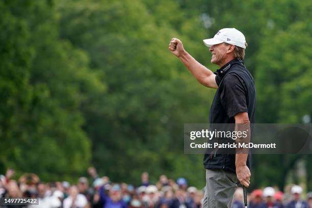 Steve Stricker of United States celebrates on the 18th green after winning of the American Family Insurance Championship at University Ridge Golf...