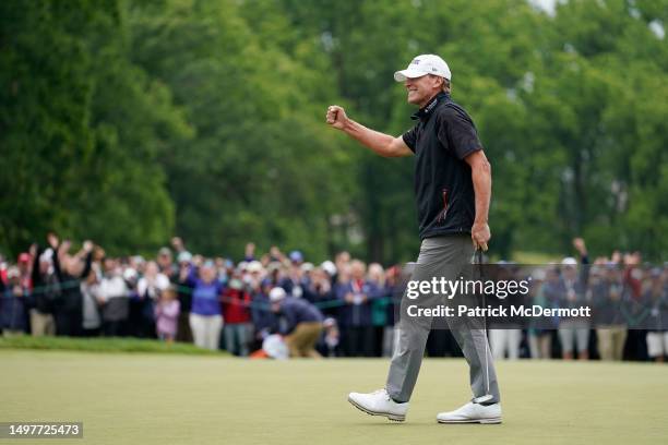 Steve Stricker of United States celebrates on the 18th green after winning of the American Family Insurance Championship at University Ridge Golf...