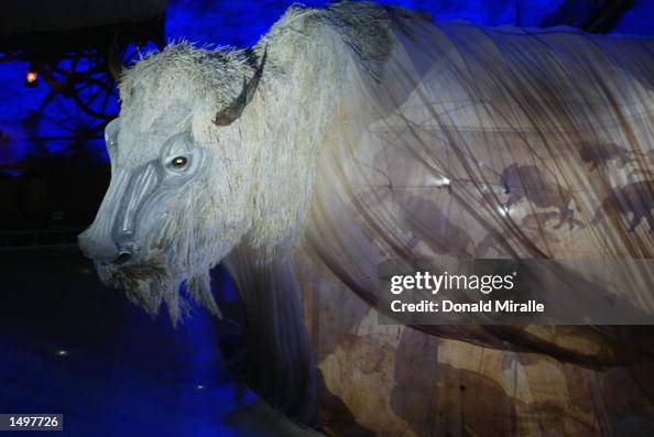 Bison Puppet A buffalo puppet enters the darkened stadium during the Opening... News ...