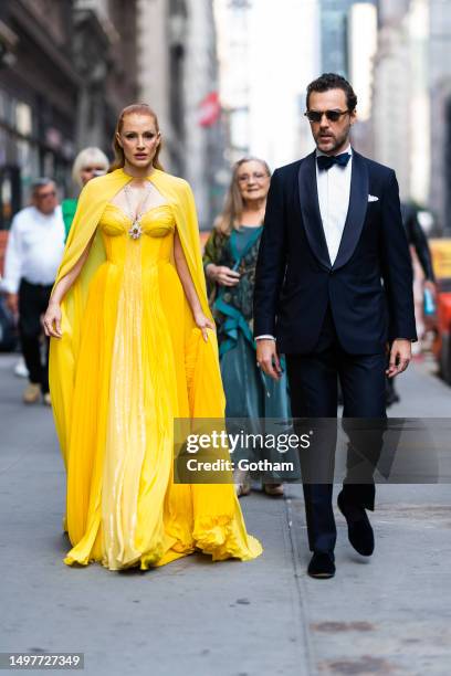 Jessica Chastain and Gian Luca Passi de Preposulo are seen in Midtown on June 11, 2023 in New York City.