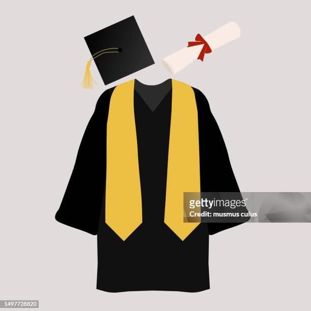 stockillustraties, clipart, cartoons en iconen met graduation cap, graduation gown and degree certificate - afstudeer toga
