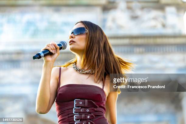 Elodie performs during Party Like A Deejay 2023 at Arco Della Pace on June 11, 2023 in Milan, Italy.