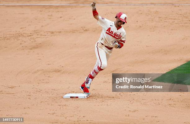 Zach Neto of the Los Angeles Angels hits a home run against the Seattle Mariners in the eighth inning at Angel Stadium of Anaheim on June 11, 2023 in...