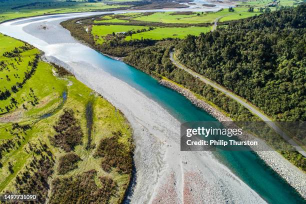 aerial perspective of turquoise river system from glacial runoff - verdigris river bildbanksfoton och bilder