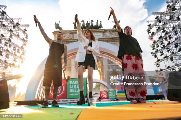 Articolo 31, Fedez and Annalisa perform during Party Like A Deejay 2023 at Arco Della Pace on June 11, 2023 in Milan, Italy.