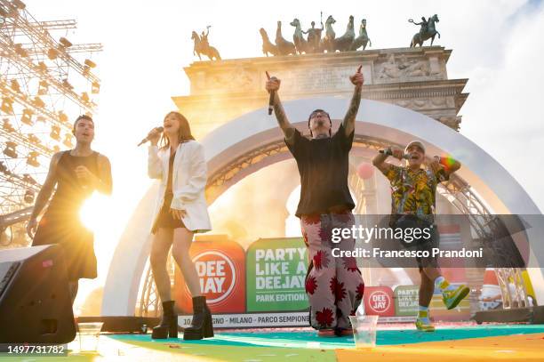 Articolo 31, Fedez and Annalisa perform during Party Like A Deejay 2023 at Arco Della Pace on June 11, 2023 in Milan, Italy.