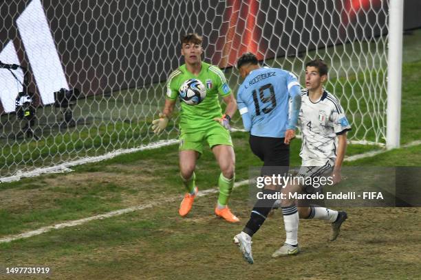 Luciano Rodriguez of Uruguay scores the team's first goal during the FIFA U-20 World Cup Argentina 2023 Final match between Italy and Uruguay at...