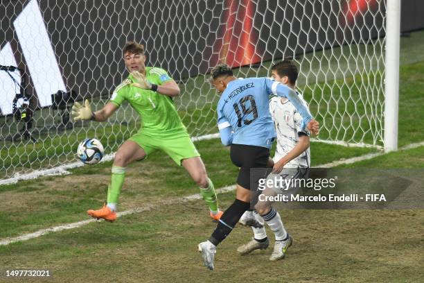 Luciano Rodriguez of Uruguay scores the team's first goal during the FIFA U-20 World Cup Argentina 2023 Final match between Italy and Uruguay at...