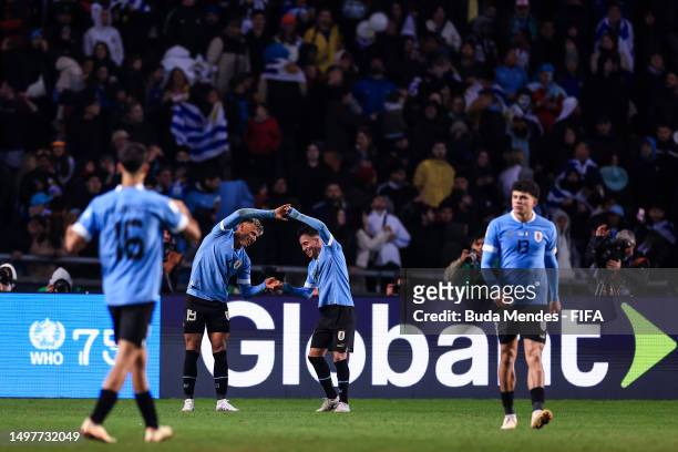 Luciano Rodriguez and Franco Gonzalez of Uruguay celebrates after scoring the team's first goal during the FIFA U-20 World Cup Argentina 2023 Final...