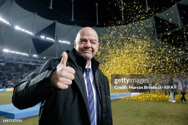 Gianni Infantino, President of FIFA celebrates the victory of Uruguay during the FIFA U-20 World Cup Argentina 2023 Final match between Italy and...