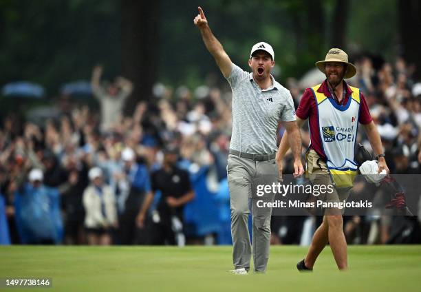 Nick Taylor of Canada celebrates after making an eagle putt on the 4th playoff hole to win the RBC Canadian Open at Oakdale Golf & Country Club on...