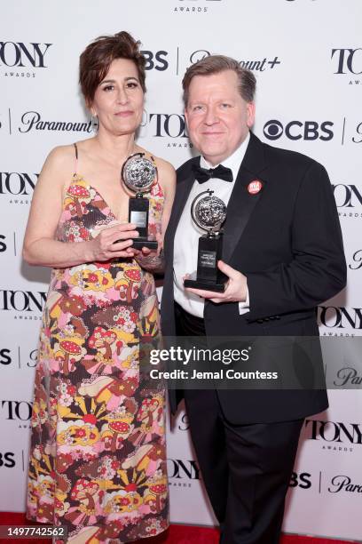 Jeanine Tesori, David Lindsay-Abaire, winners of the Best Original Score Written For The Theatre Award for "Kimberly Akimbo", poses in the press room...