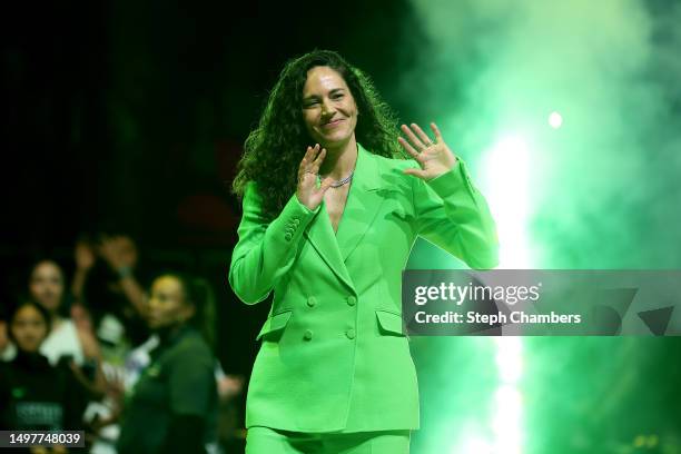 June 11: Sue Bird is introduced during her jersey retirement ceremony after the game between the Seattle Storm and the Washington Mystics at Climate...