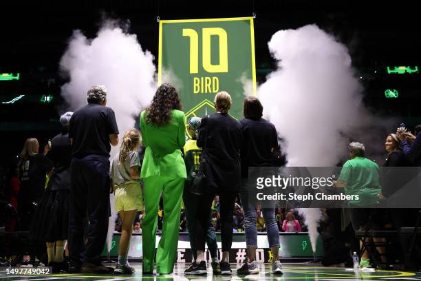 Sue Bird watches her jersey rise into the rafters during her jersey retirement ceremony after the game between the Seattle Storm and the Washington...