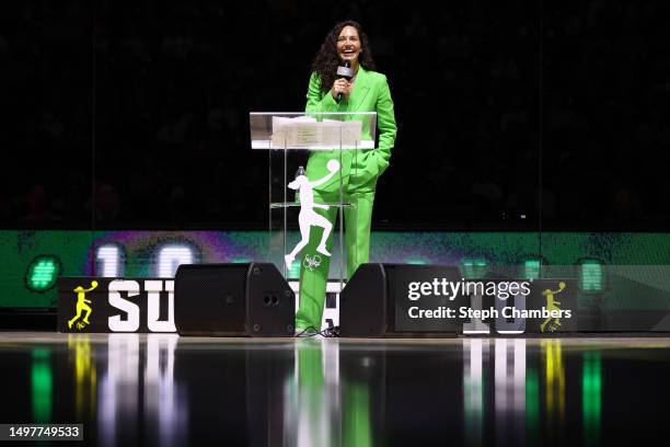 Sue Bird speaks during her jersey retirement ceremony after the game between the Seattle Storm and the Washington Mystics at Climate Pledge Arena on...