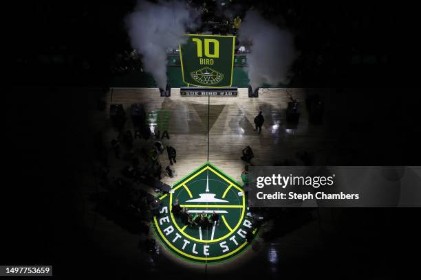 Sue Bird watches her jersey rise into the rafters during her jersey retirement ceremony after the game between the Seattle Storm and the Washington...