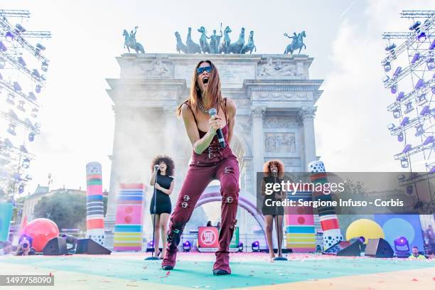 Elodie performs at Arco Della Pace for Party Like A Deejay on June 11, 2023 in Milan, Italy.