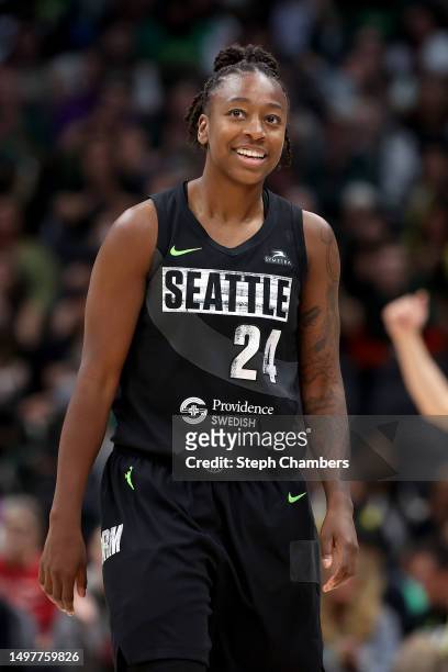 Jewell Loyd of the Seattle Storm looks on during the fourth quarter against the Washington Mystics at Climate Pledge Arena on June 11, 2023 in...