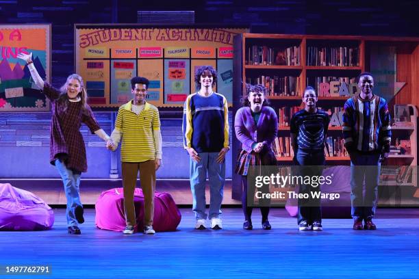 Victoria Clark, Justin Cooley, Michael Iskander, Nina White, Olivia Elease Hardy, and Fernell Hogan of the cast of “Kimberly Akimbo” perform onstage...