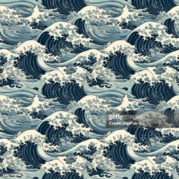 kanagawa wave seamless quartet continuous pattern 2*2 in the style of katsushika hokusai - prefectura de kanagawa fotografías e imágenes de stock