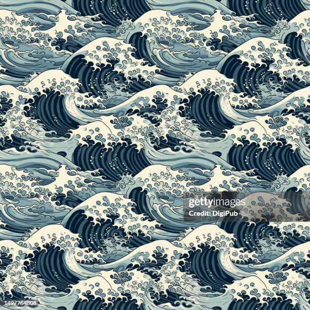 kanagawa wave seamless quartet continuous pattern 2*2 in the style of katsushika hokusai - japan wave pattern stock pictures, royalty-free photos & images