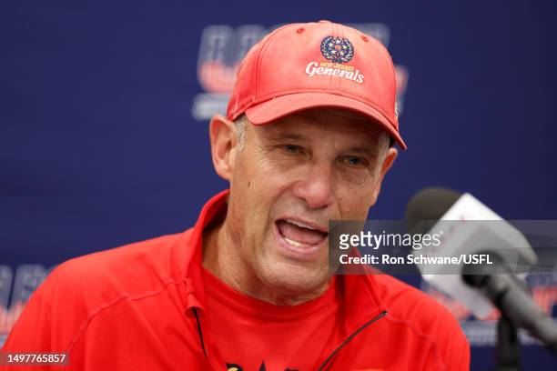 Head coach Mike Riley of the New Jersey Generals speaks to the media after a win over the Philadelphia Stars at Tom Benson Hall Of Fame Stadium on...