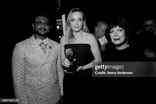 Utkarsh Ambudkar, Jodie Comer, winner of the award for Best Leading Actress in a Play for “Prima Facie,” and Marcia Gay Harden attend The 76th Annual...