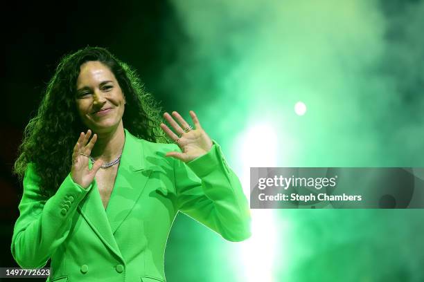 Sue Bird is introduced during her jersey retirement ceremony before the game between the Seattle Storm and the Washington Mystics at Climate Pledge...