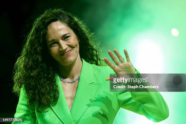 Sue Bird is introduced during her jersey retirement ceremony before the game between the Seattle Storm and the Washington Mystics at Climate Pledge...