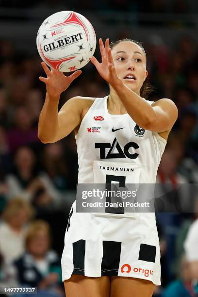 Molly Jovic of the Magpies in action during the round 13 Super Netball match between Melbourne Vixens and Collingwood Magpies at John Cain Arena, on...