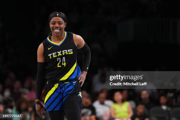 Arike Ogunbowale of the Dallas Wings reacts against the New York Liberty at the Barclays Center on June 11, 2023 in the Brooklyn borough of New York...