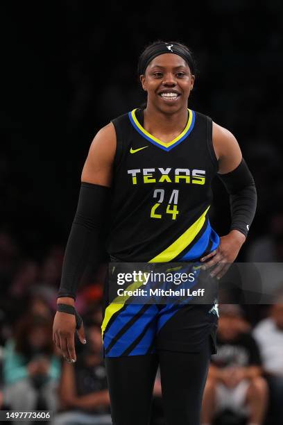 Arike Ogunbowale of the Dallas Wings reacts against the New York Liberty at the Barclays Center on June 11, 2023 in the Brooklyn borough of New York...