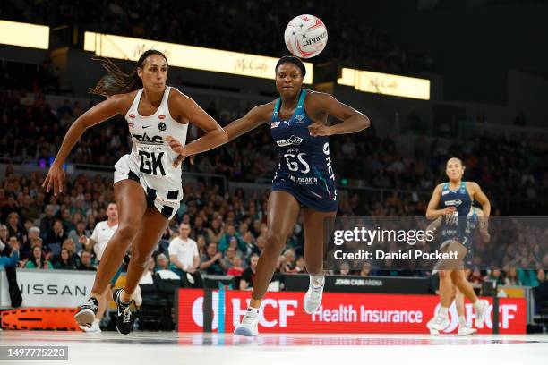 Geva Mentor of the Magpies and Mwai Kumwenda of the Vixens contest the ball during the round 13 Super Netball match between Melbourne Vixens and...