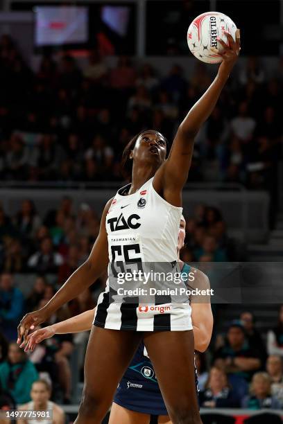 Shimona Nelson of the Magpies in action during the round 13 Super Netball match between Melbourne Vixens and Collingwood Magpies at John Cain Arena,...