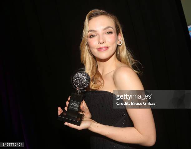 Jodie Comer poses with the award for Best Leading Actress in a Play for "Prima Facie" in the 6th Annual Tony Awards Press Room on June 11, 2023 in...