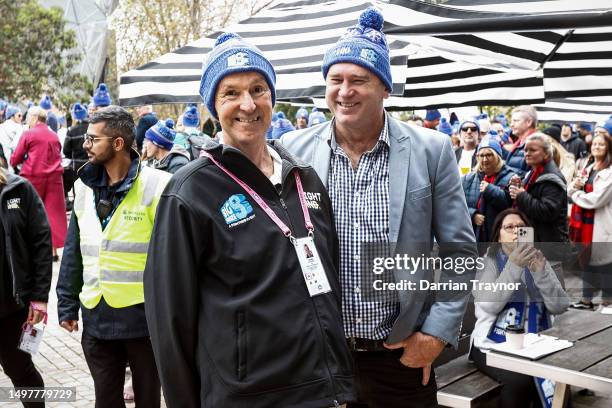 Neale Daniher stands with his great friend David Neitz before taking the stage in front of the huge crowd before the "Walk to the G" ahead of the AFL...