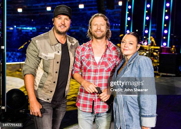 Luke Bryan, Dierks Bentley and Elle King seen backstage for night 4 of the 50th CMA Fest at Nissan Stadium on June 11, 2023 in Nashville, Tennessee.